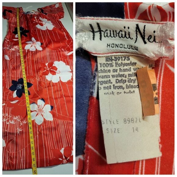 Hawaii Nei 70s Maxi Dress Kaftan Red Navy White Tropical Flutter Sleeves Women's - Picture 8 of 8